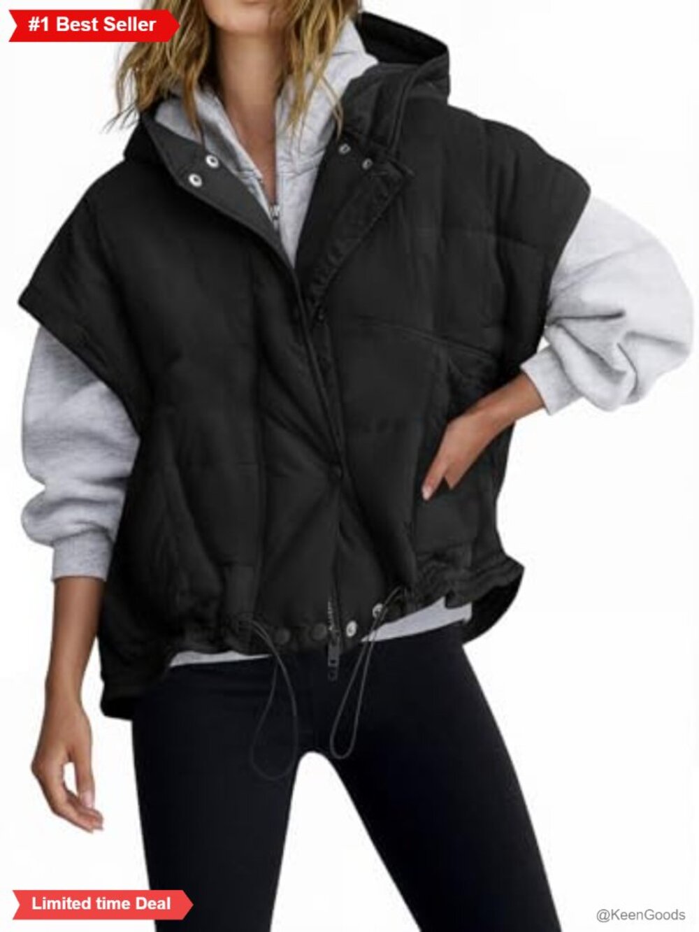 Oversized Hooded Quilted Puffer Vest Cap Sleeve Warm Lightweight Coat